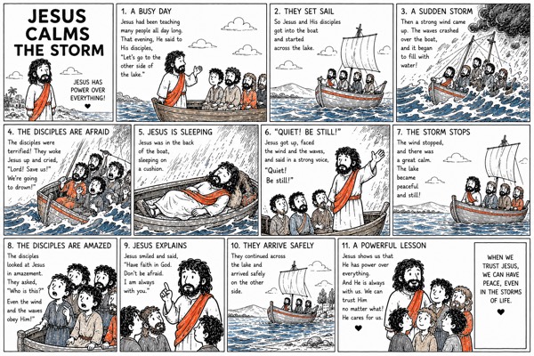 Jésus Apaise la Mer, histoire biblique illustrée